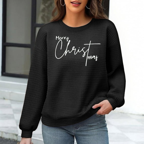 GuzomFashion Womens Black Christmas Waffle Knit Sweatshirt - Merry Christmas Graphic, Relaxed Fit, Crew Neck, Soft Stretch,Size 2XL