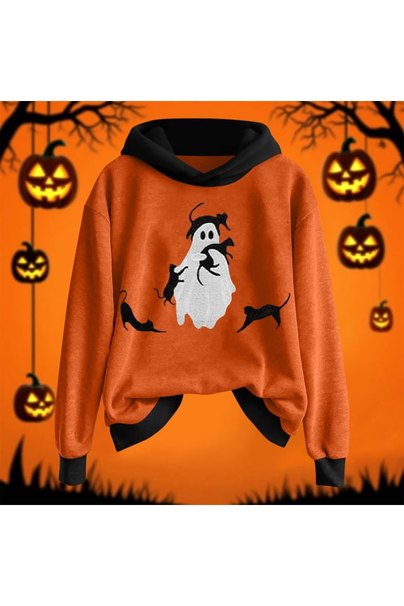 Womens Black Hall-oween Hoodie - Ghost & Black Cat Graphic, 100% Polyester, Color-Block, Relaxed Fit, Inclusive Sizes S-XXXXXL, Machine Washable Autumn Casual Wear,Size L