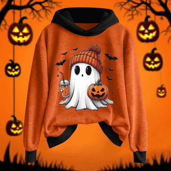GuzomFashion Womens Black Hall-oween Hoodie - Ghost Pumpkin Bat Graphic, 100% Polyester Long Sleeve, Relaxed Fit Asymmetrical Hem, Size S-XXXXXL,Size S