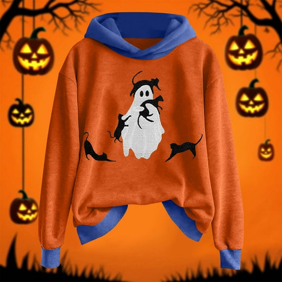 GuzomFashion Womens Blue Hall-oween Hoodie - Ghost & Black Cat Graphic, 100% Polyester, Color-Block, Relaxed Fit, Inclusive Sizes S-XXXXXL, Machine Washable Autumn Casual Wear,Size S