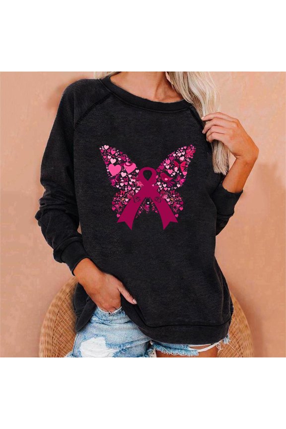 Womens Breast Cancer Awareness Sweatshirt - Black, Pink Ribbon Butterfly Print, Raglan Sleeve Crew Neck, Soft 100% Polyester, S-XXL,Size S