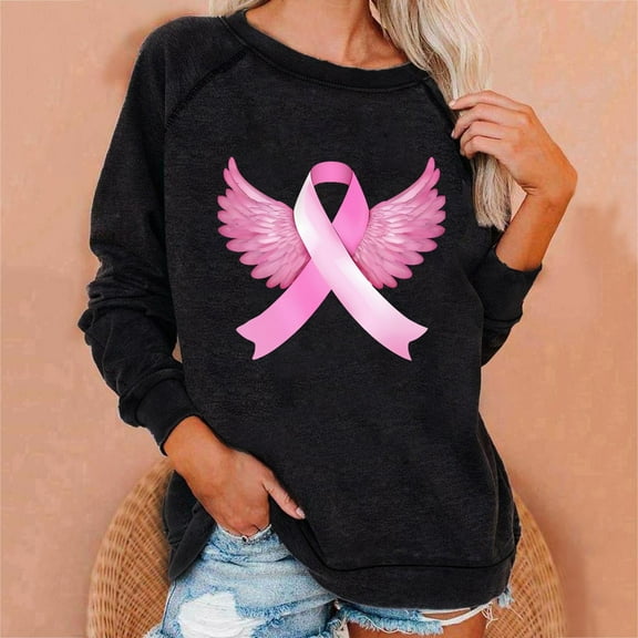 GuzomFashion Womens Breast Cancer Awareness Sweatshirt - Pink Ribbon with Wings, Soft Polyester Crewneck Long Sleeve, Relaxed Fit, Black, S-XXL,Size M