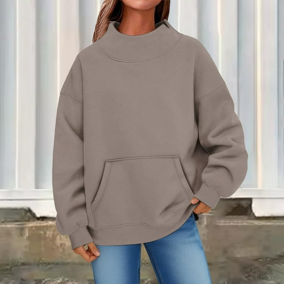 GuzomFashion Womens Bronze Oversized Mock Neck Sweatshirt - 100% Polyester Soft, Kangaroo Pocket, Ribbed Cuffs & Hem, S-XXL for Casual/Lounging/Cool Weather,Size 2XL