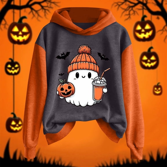 GuzomFashion Womens Dark Gray Hall-oween Hoodie Cute Ghost Graphic 100% Polyester Colorblock Asymmetrical Hem Plus Size (S-XXXXXL) Machine Washable,Size S