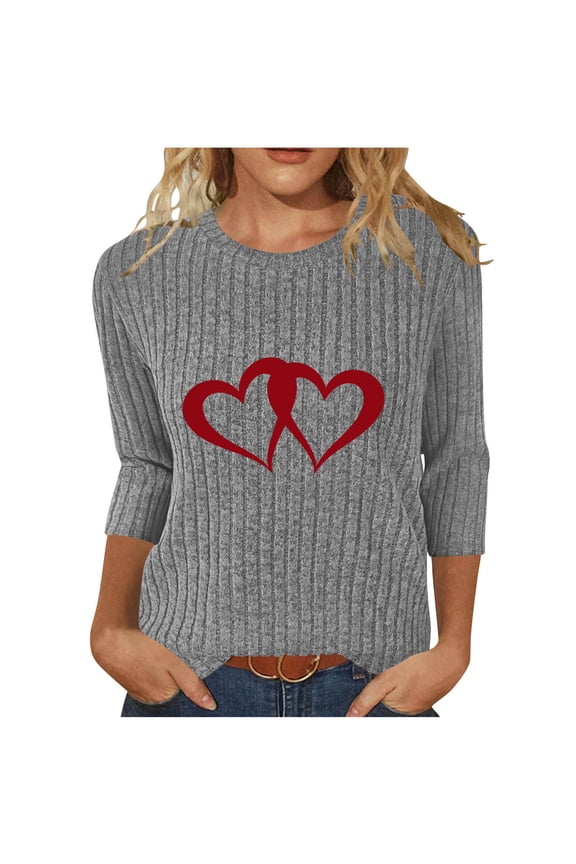 Womens Gray 3/4 Sleeve Relaxed Fit Top - Ribbed Knit Crew Neck, Double Heart Graphic, Nylon Spandex Stretch for Spring Fall Daily Casual (S-XXL),Size M