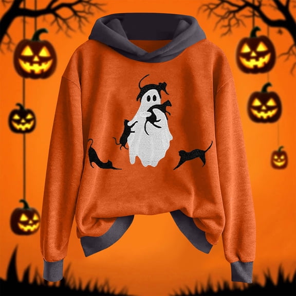 GuzomFashion Womens Gray Hall-oween Hoodie - Ghost & Black Cat Graphic, 100% Polyester, Relaxed Fit, Inclusive Sizes S-XXXXXL,Size L