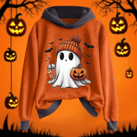 GuzomFashion Womens Gray Hall-oween Hoodie - Ghost Pumpkin Bat Graphic, 100% Polyester Long Sleeve, Relaxed Fit Asymmetrical Hem, Size S-XXXXXL,Size 3XL
