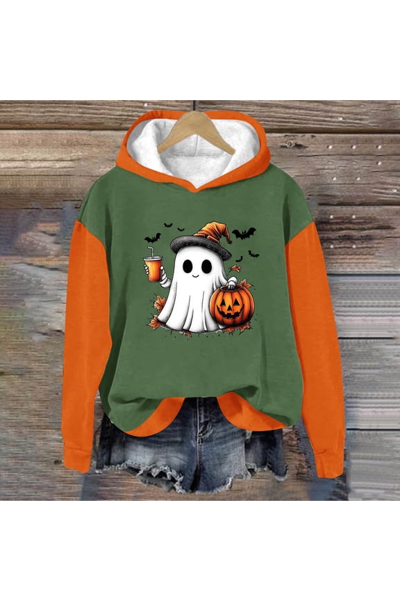 Womens Hall-oween Green Color Block Hoodie - Ghost Jack-O'-Lantern Graphic, Soft Stretch, Orange Sleeves,Size XL