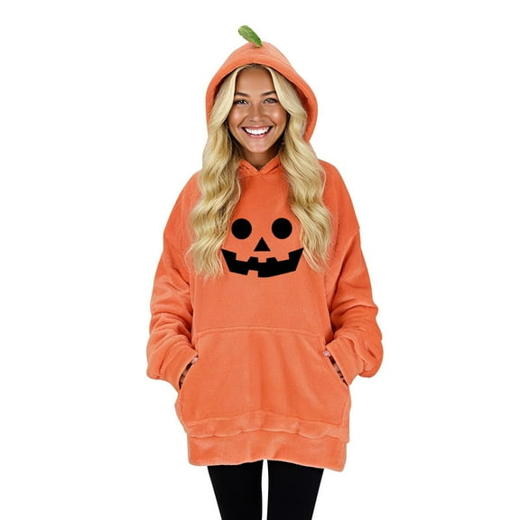 GuzomFashion Womens Hall-oween Plush Hoodie 100% Polyester - Convertible to Pillow/Blanket, Orange Pumpkin Theme with Kangaroo Pocket, Oversized Fit S-XXXL,Size L
