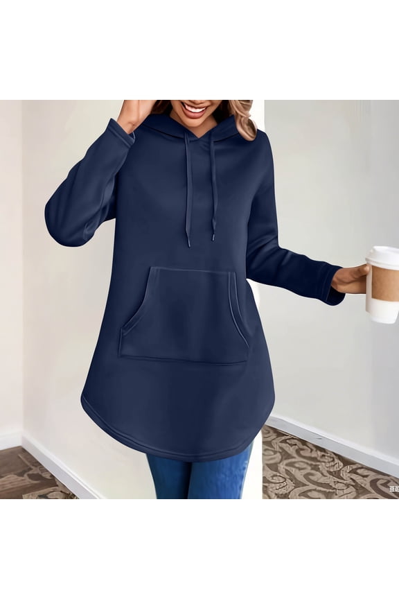 Womens Hoodie 100% Polyester Longline - Kangaroo Pocket, Adjustable Drawstring, Navy, S-XXL,Size S