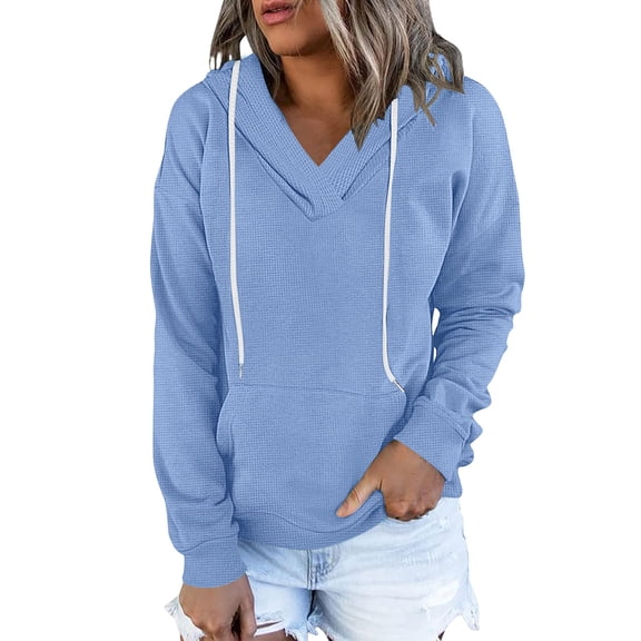 GuzomFashion Womens Long Sleeve Hoodie - V-neck Waffle Knit, Kangaroo Pocket, Relaxed Fit Soft Stretch, Blue for Casual Daily Wear,Size S