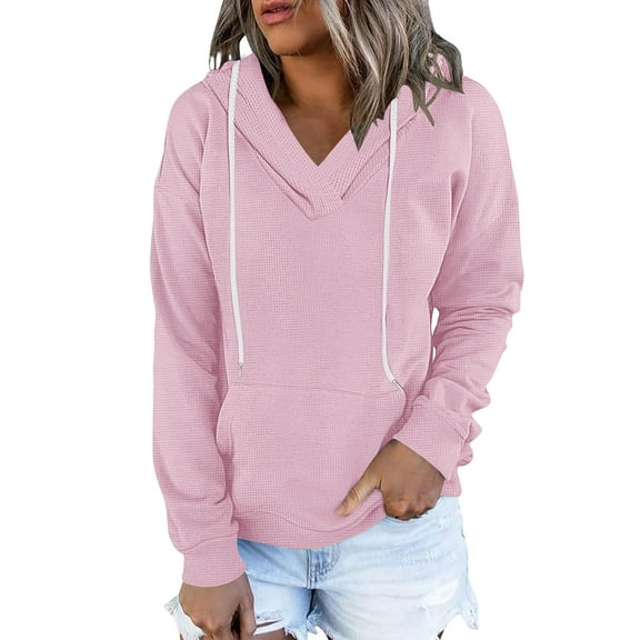 GuzomFashion Womens Long Sleeve Hoodie - V-neck Waffle Knit, Kangaroo Pocket, Relaxed Fit & Soft Stretch, Pink for Casual Daily Wear,Size M