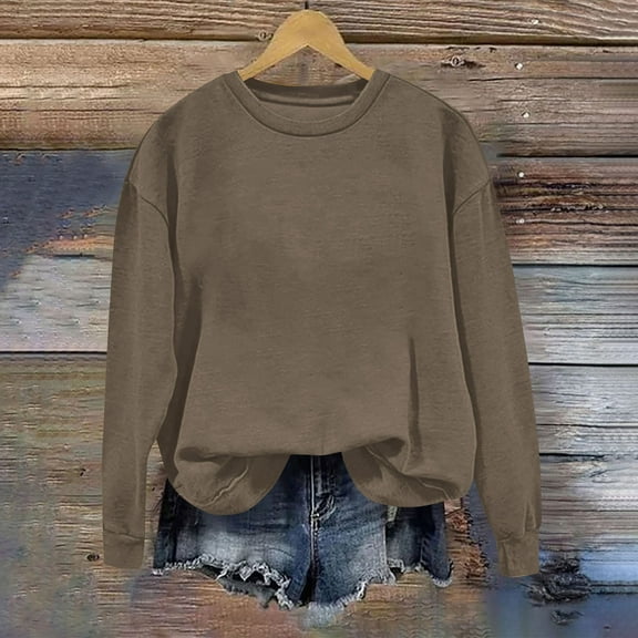 GuzomFashion Womens Loose Fit Long Sleeve Sweatshirt - Khaki, 100% Polyester Soft Crew Neck for Daily/Loungewear, Inclusive S-XXL Sizes,Size L