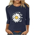 thumbnail image 1 of GuzomFashion Womens Navy 3/4 Sleeve Ribbed Top - Crew Neck, Daisy Butterfly Print, Soft Stretch Nylon Spandex, Comfortable Everyday Casual Wear (S-XXL),Size L, 1 of 5