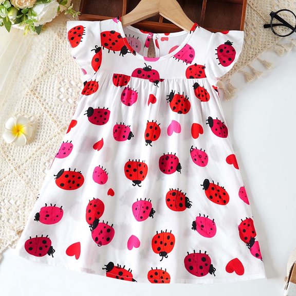 9-12M Kids Girl Dress, Kids Girl Ruffle Sleeve Ladybug Print Dress, Kids Summer Casual Daily Playwear Party Outfit