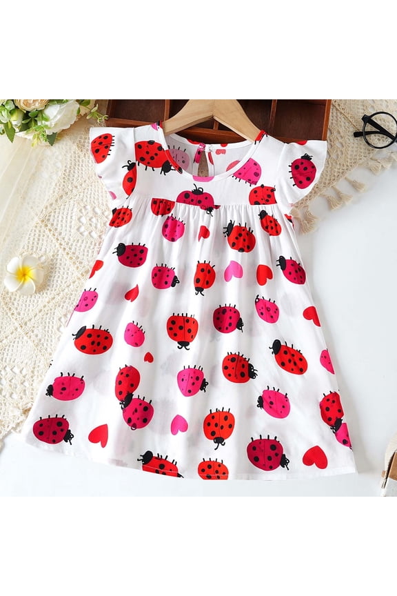 9-12M Kids Girl Dress, Kids Girl Ruffle Sleeve Ladybug Print Dress, Kids Summer Casual Daily Playwear Party Outfit