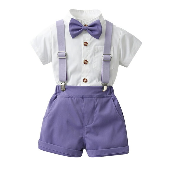 Gvdentm 1/2 Birthday Boy Short Sleeve T-shirt Suspenders Shorts Pants Bowtie Wedding Tuxedo Outfits Cake Smash 3PC Clothes Purple,4-5 Years