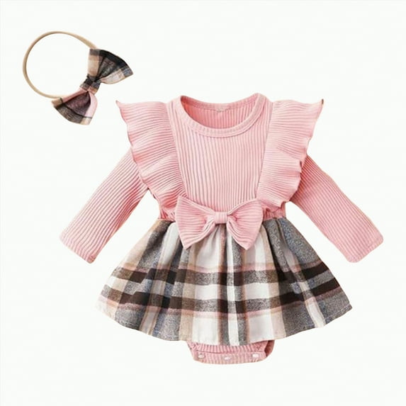 Gvdentm 18 Month Girl Clothes Romper Suspender Dress Fall Outfits Plaid Ruffle Long Sleeve Set(Red,9-12 Months)