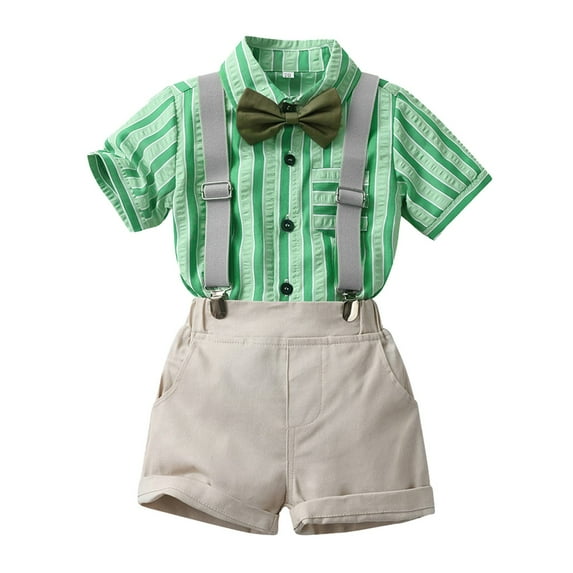 Gvdentm 1st Birthday Outfit Boy Short Sleeve T-shirt Suspenders Shorts Pants Bowtie Wedding Tuxedo Outfits Cake Smash 3PC Clothes Grey,4-5 Years