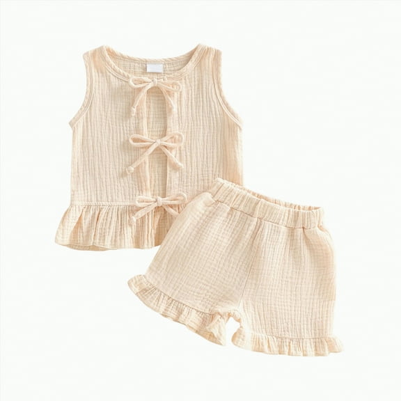 Gvdentm 3 6 12 18 Months 2T 3T 4T Toddler Baby Girl Summer Clothes Ruffle Sleeveless Shirt Short Sets Little Kids Outfits(Beige,12-18 Months)