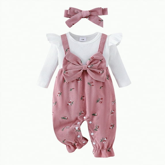 Gvdentm 3 Months Baby Girl Clothes Baby Girl Clothes Fall Winter Ruffle Long Sleeve Romper Corduroy Jumpsuit Cute One Piece Outfit(Pink,3-6 Months)