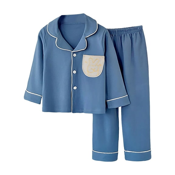 Gvdentm 4t Clothes for Boys Girls Boys Kids Cotton Pajamas Set Button-Down Clothes Long Sleeve Loungewear Sleepwear PJS(Blue,4-5 Years)