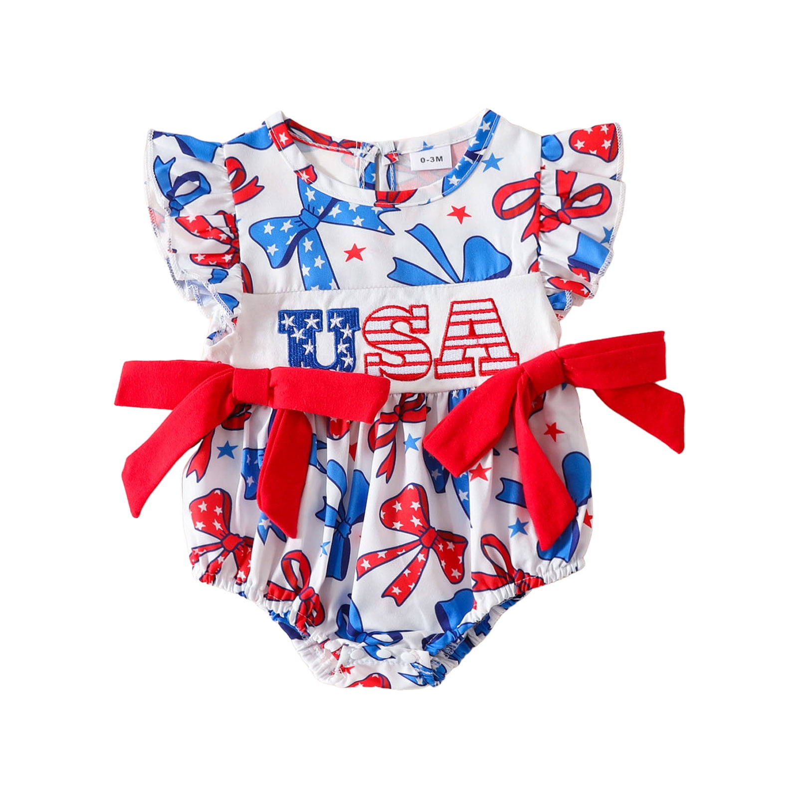 fourth of july infant dresses Gvdentm 4th Baby Girl Outfits American Flag Romper of July Ruffle Sleeve Memorial Bodysuit Clothing Baby Girl Clothes 3-6 Months(White,0-3 Months) Shirt is embroidered with the saying 1st 4th of July Fourth of July Baby Girl