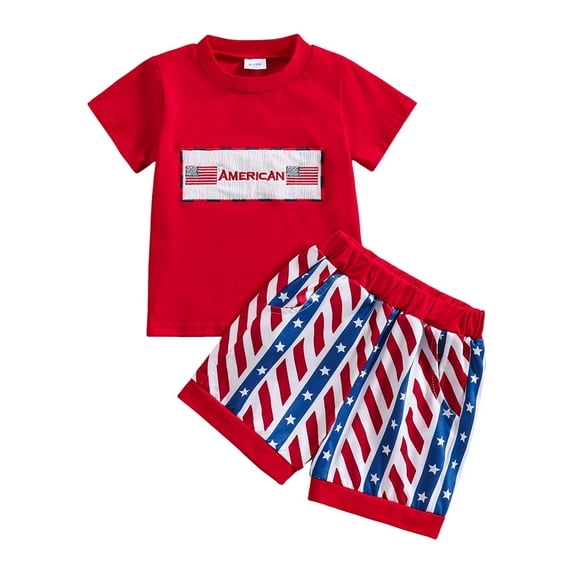 Gvdentm 4th of July Outfits for Kids American Flag Embroidery Short Sleeve T-Shirt and Shorts Set Toddler Boy Summer Clothes(Red,6-12 Months)