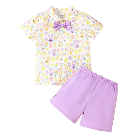 Gvdentm Baby Boy Easter Outfit Boys 2 Piece Outfits Print Short Sleeve Tee Shirt and Drawstring Shorts Set Purple,2T