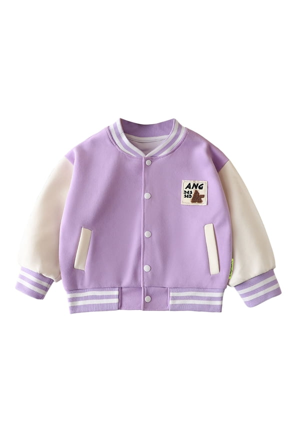 Baby Boy Girl Baseball Varsity Jacket 12M-10T Causal Button Down Letterman Bomber Jacket Lightweight Sweatshirts Coat Purple,4-5 Years