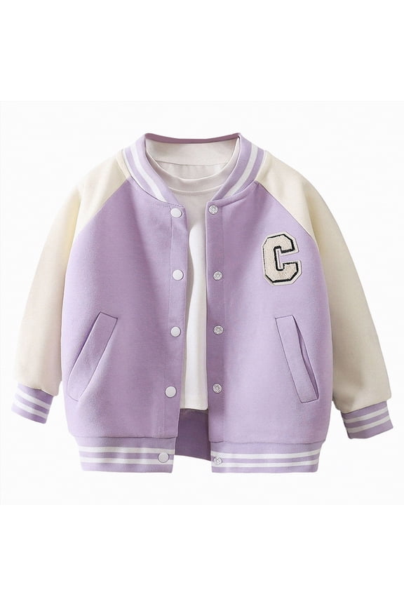 Baby Boy Girl Baseball Varsity Jacket 18M-12T Letter C Causal Button Down Letterman Bomber Jacket Lightweight Sweatshirts Coat(Light Purple,3-4 Years)