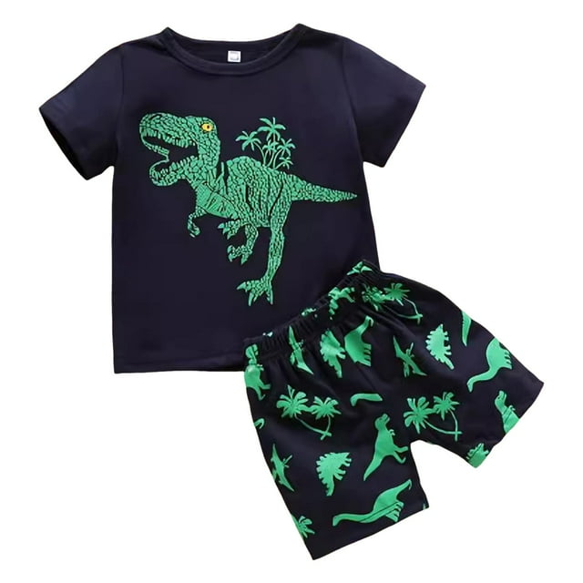 Gvdentm Baby Boy Summer Clothes Summer Short Sleeve Dinosaur Prints Tops Shorts Two Outfits Set for Kids Clothes(Green,4-5 Years)