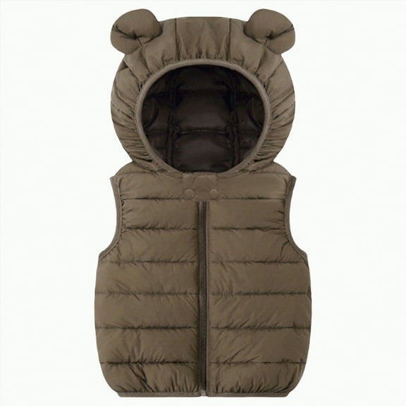 Gvdentm Baby Boys Girls Hooded Puffer Vest Winter Lightweight Sleeveless Bear Ears Zipper Up Jacket(Coffee,18-24 Months)