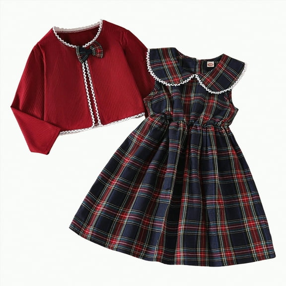 Gvdentm Baby Girl Christmas Outfit Cute Bow Floral Print Sleeveless Dress and Ruffle Cardigan Set Summer 2 Piece Outfits(Red,12-18 Months)