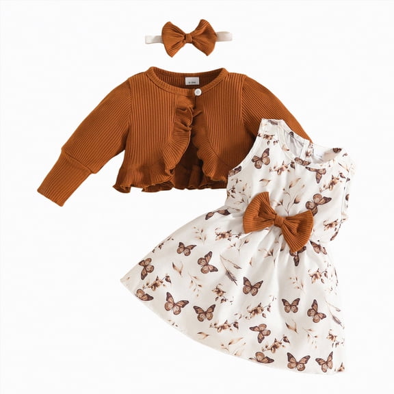 Gvdentm Baby Girl Christmas Outfit Heart Print Sleeveless Dress and Ruffle Cardigan Set Fall 3 Piece Outfits(Brown,12-18 Months)