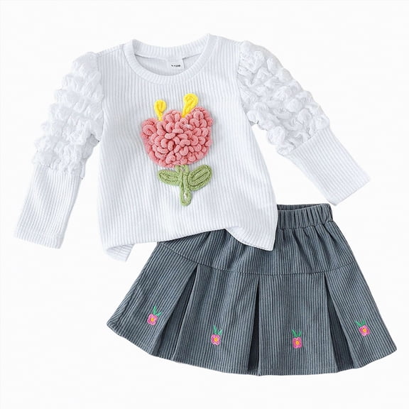 Gvdentm Baby Girl Clothes 3 Months Toddler Baby Girls Outfits Puff Sleeve Knit Ribbed Tops Skirt Dress Kids Winter Clothes(White,12-18 Months)