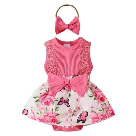 Gvdentm Baby Girl Clothes Romper Dress Lace Ruffle Sleeveless Summer Outfits with Headband(Pink,0-3 Months)