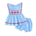thumbnail image 1 of Gvdentm Baby Girl Outfits 3-6 Months 4th of July Toddler Baby Girl Outfit Embroidery Flutter Sleeve T Shirt Tops and Plaid Ruffle Shorts Set(Light Blue,5-6 Years), 1 of 9