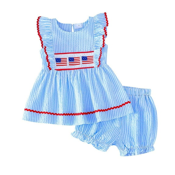 Gvdentm Baby Girl Outfits 3-6 Months 4th of July Toddler Baby Girl Outfit Embroidery Flutter Sleeve T Shirt Tops and Plaid Ruffle Shorts Set(Light Blue,5-6 Years)