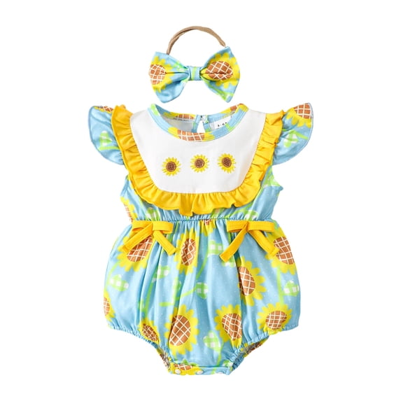 Gvdentm Baby Girl Summer Clothes Ruffle Sleeve Rompers Backless Floral Jumpsuit Summer Outfits with Headband(Yellow,0-3 Months)