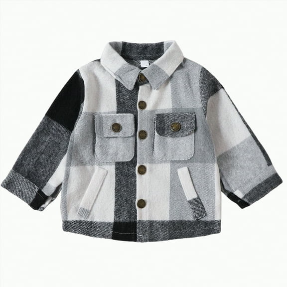 Gvdentm Baby Jackets 6-12 Months Toddler Kids Plaid Shacket Jacket Boys Girls Flannel Shirts Long Sleeve Button Hooded Jackets Warm Coat(Grey,6-9 Months)