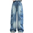 thumbnail image 1 of Gvdentm Baggy Jeans for Girls Girls Baggy Cargo Jeans Wide Leg High Waisted Kids Hop Pants Denim Elastic Waist Pockets Vintage(Blue,10-12 Years), 1 of 9