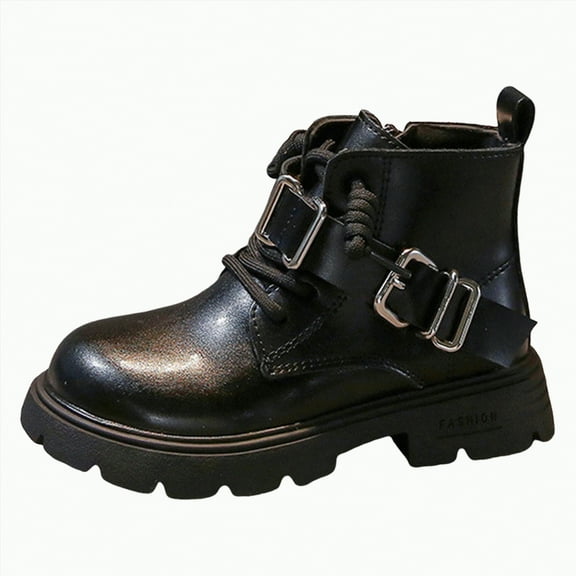 Gvdentm Black Boots for Girls Size 12 Girls Side Zipper Combat Ankle Boots Round-Toe Soft Non-Slip Boots Pu Leather Outdoor Hiking Boots Platform Casual Shoes(Black,10.5)