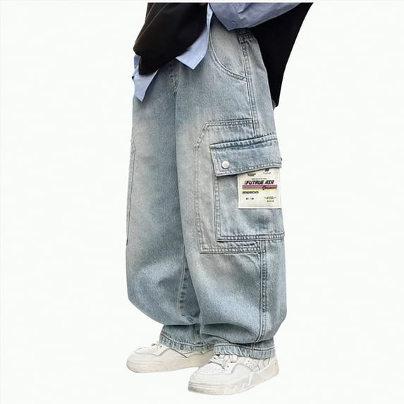 Gvdentm Black Jeans Boys Boys Baggy Cargo Jeans Elastic Waist Kids Hop Pants with Pockets Vintage Jeans High Waist Wide Leg(Blue,4-6 Years)
