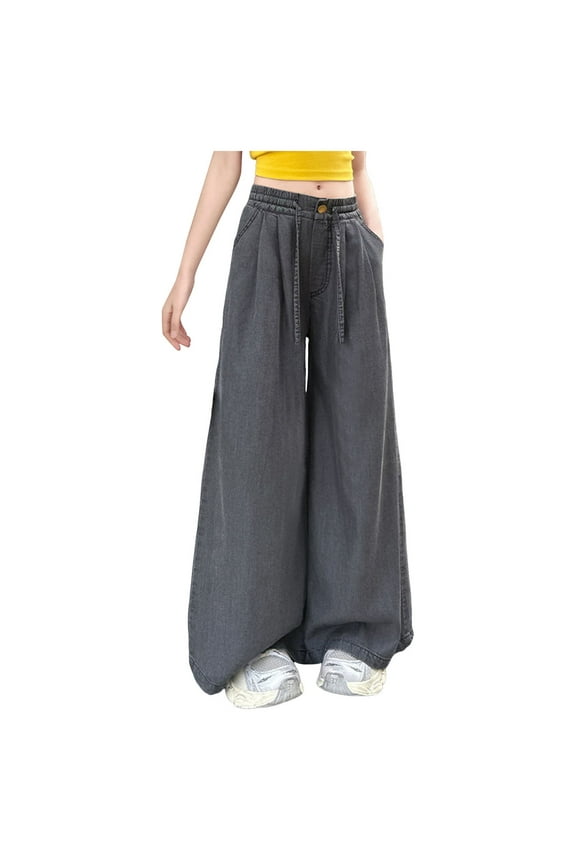 Black Jeans for Girls Girls Elastic Waist Thin Cotton Denim Pants Wide Leg Baggy Trousers Cute Summer Straight Cropped Pant(Dark Gray,12-13 Years)