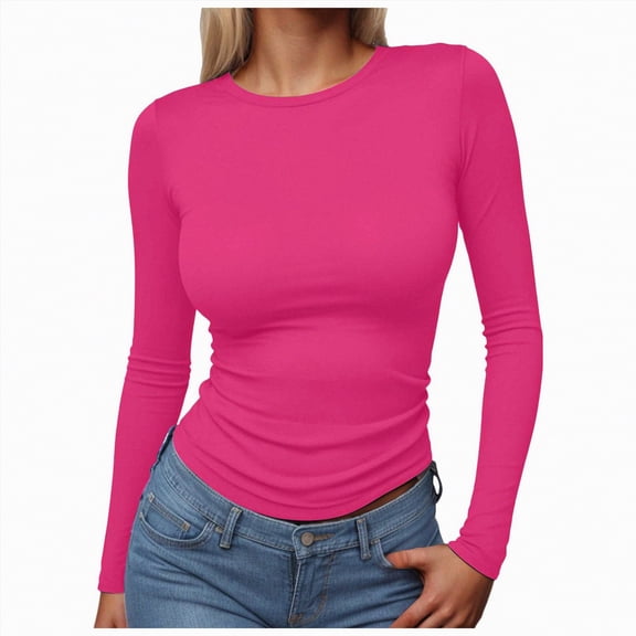 Gvdentm Black T Shirt Women Plus Size Womens Long Sleeve Shirts Crop Tops Fall Fashion Going Out Basic Winter Clothes(Hot Pink,XL)