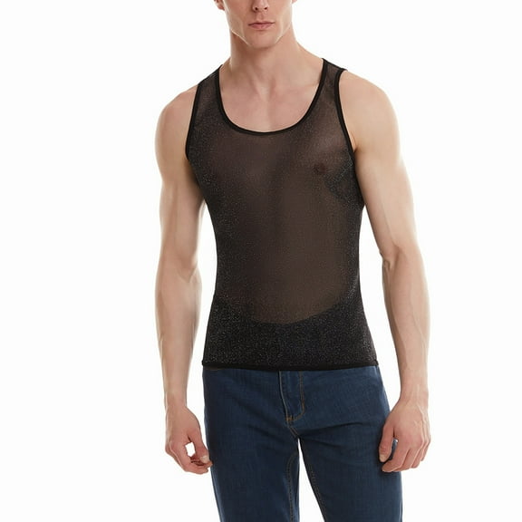 Gvdentm Black Tank Tops Men Men's Mesh Fishnet Muscle Top See Through Shirts Fitted Crew Neck Tee Clubwear Black L