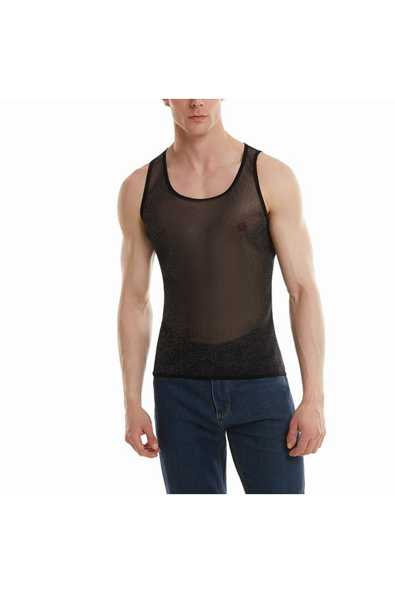 Black Tank Tops Men Men's Mesh Fishnet Muscle Top See Through Shirts Fitted Crew Neck Tee Clubwear Black L