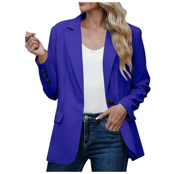 Gvdentm Blazers for Women Business Casual Jackets Solid Color Open Front Work Suit 2024 Blue,XL