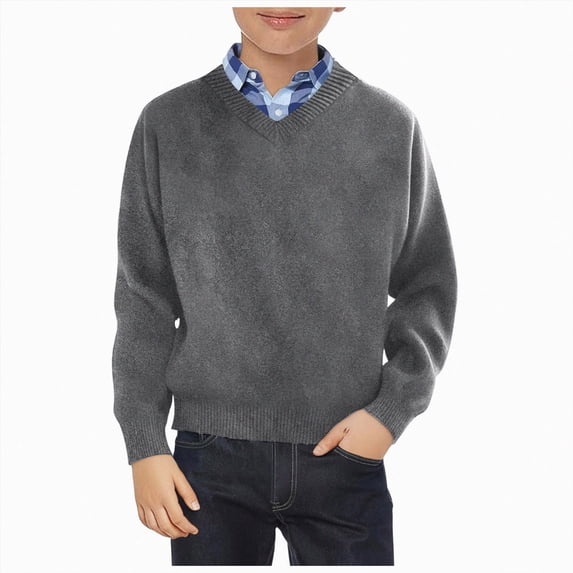 Gvdentm Boy's Unisex Cotton V-Neck School Uniforms Top Shirt Cotton Long Sleeve Cardigan Sweater Dark Gray,5-6 Years